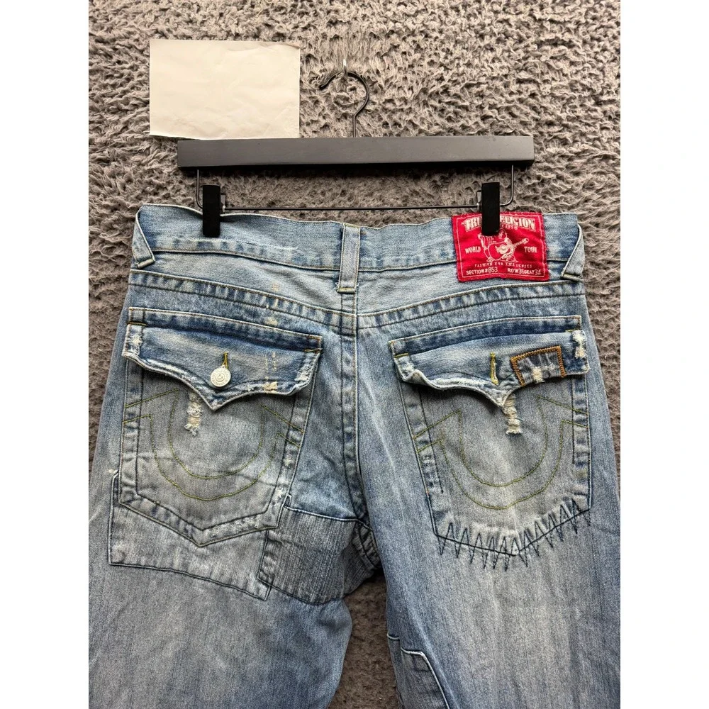 Y2k True Religion Big Rig Stone & Tint Rips Patchwork Denim Jeans Size 36 x 34